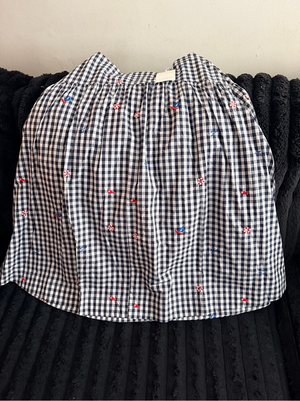 Women’s Black and White Gingham A-Line Skirt with Embroidered Accents